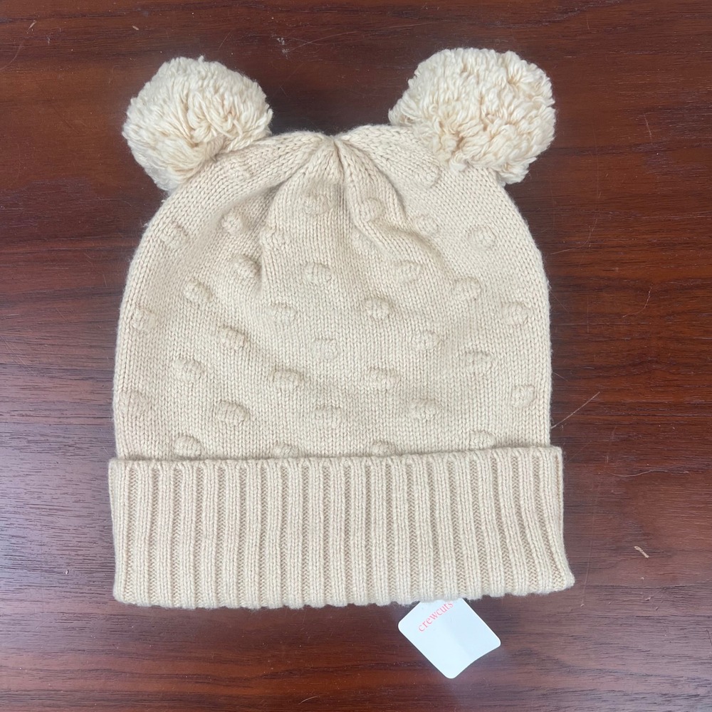 Crewcuts J.Crew Kids Beige Double Pom-Pom Bobble Knit Beanie Hat BC924 L-XL